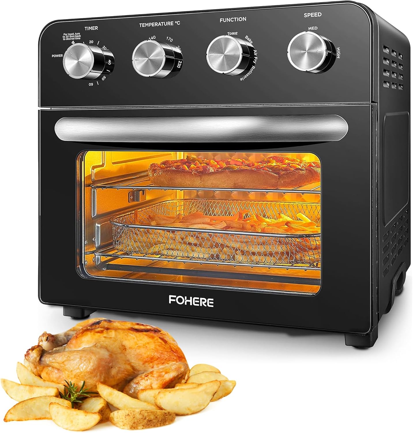 FOHERE Air Fryer Oven with Rotisserie Mini Oven 23L, 1700W Countertop Convection Oven with 4 Knobs Easy to Operation, Low Fat Oil-Less Cooking, Non-Stick Inner, 6 Accessories & 100 Recipes