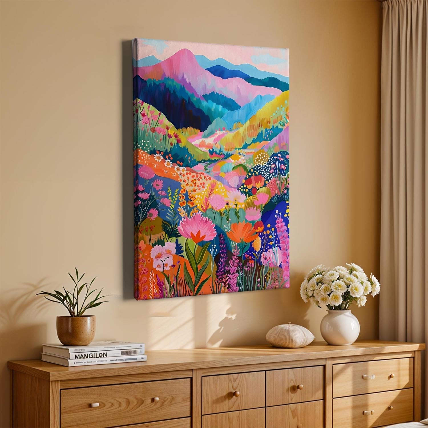 Colorful Abstract Watercolor Wall Art Colorful Wildflower Pictures Aesthetic Landscape Poster Mountain Landscape Abstract Wall Art Mountains Poster Prints for Home Decor 16x24inch Wood Frame image 4