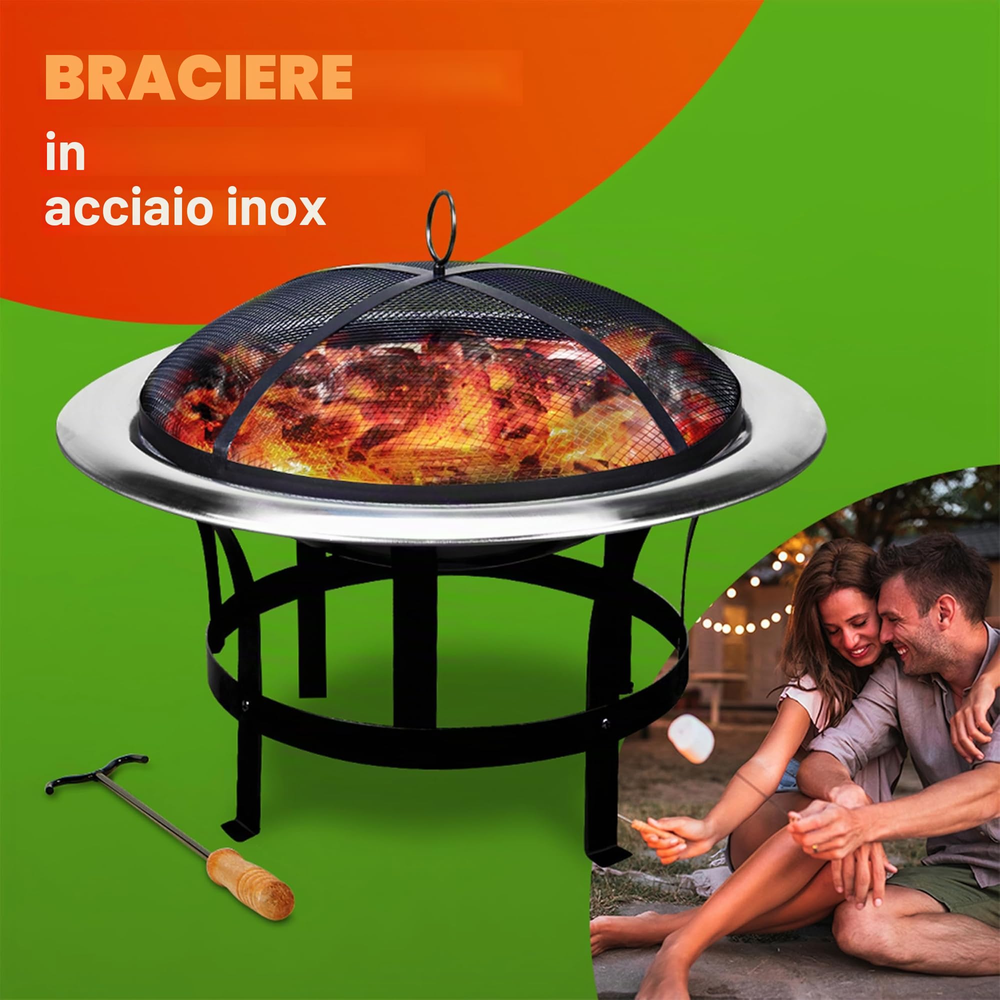 Gardebruk Braciere da Esterno Acciaio Inox Ø 75cm Ciotola da Fuoco Parascintille Attizzatoio Bracieri