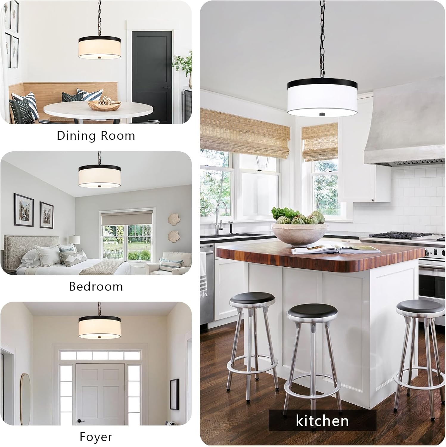 12'' Modern Drum Chandeliers, 3-Lights Modern Fabric Chandelier for Dining Room, Height Adjustable Black Pendant Light, Round Pendant Light Fixtures for Bedroom Living Room Kitchen Island Foyer