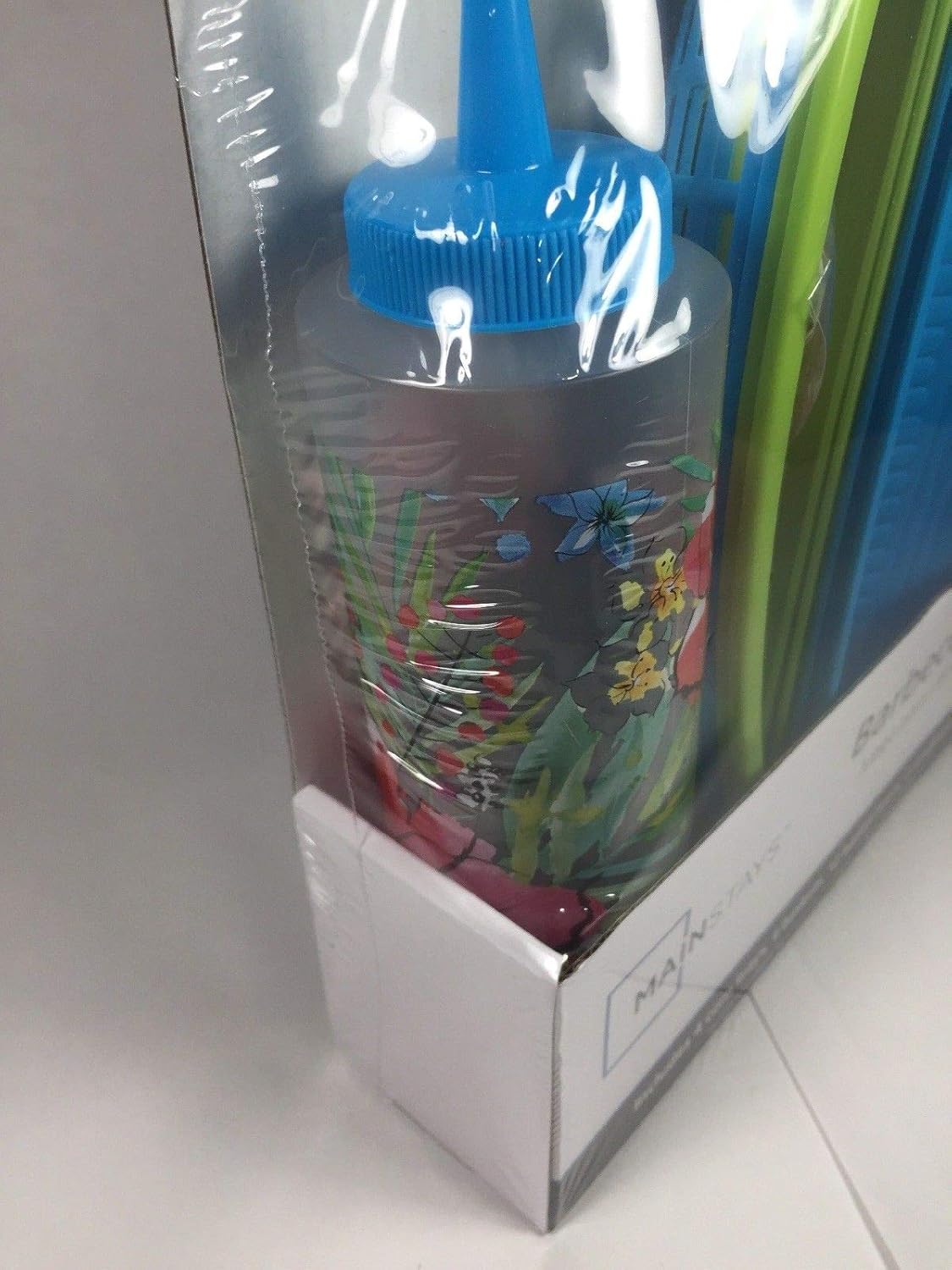 Product Deal BBQ Picnic Serving Set with Green & Blue Plastic Hamburger Baskets, Floral Food Basket Liners, Corn Trays with Corn Cob Holders, Ketchup & Mustard Condiment Bottle