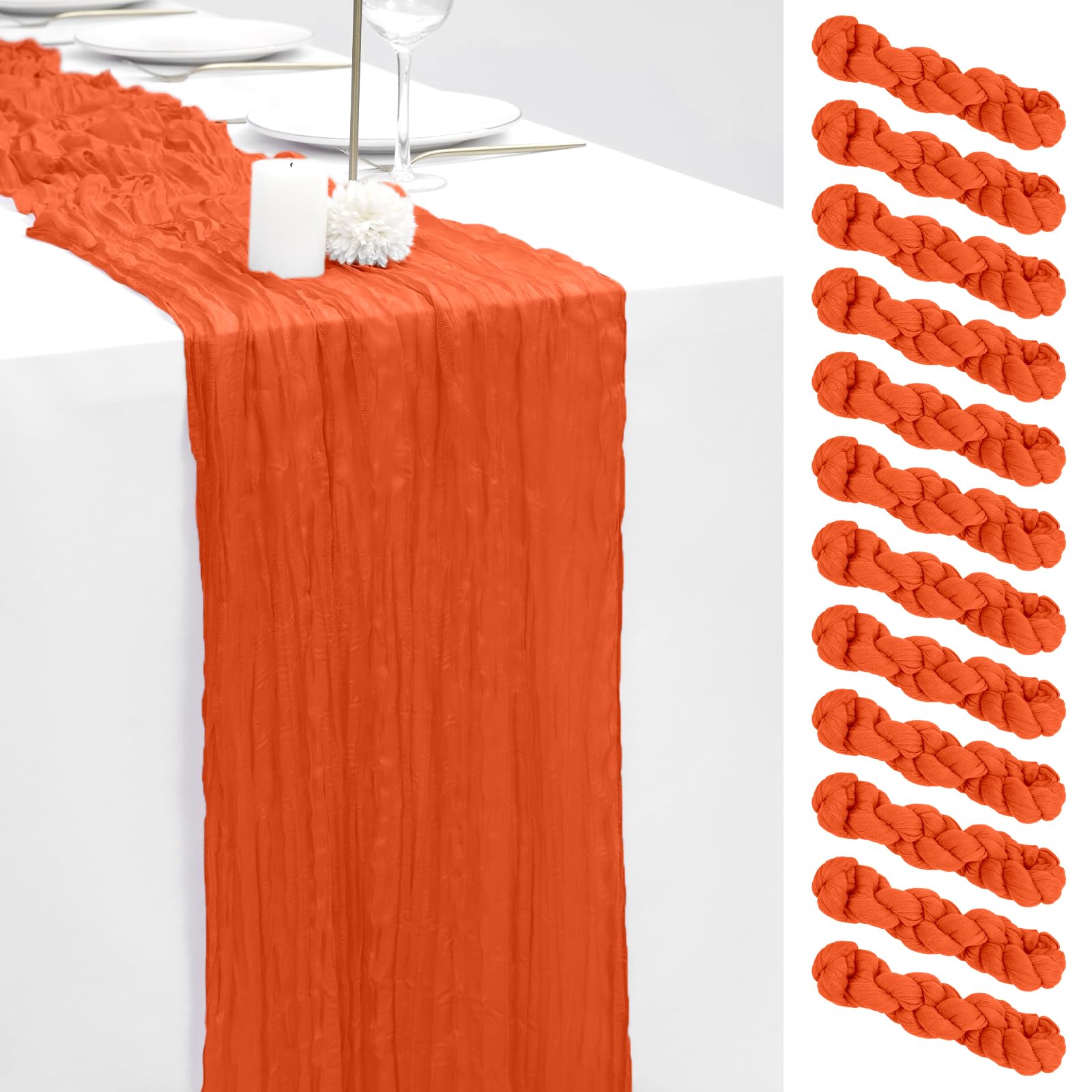 Photo 1 of 12 Pack Orange 20x120 Inch Cheesecloth Table Runner 10FT Boho Gauze Rustic Gauze Cheese Cloth Table Runners for Wedding Party Baby Shower Birthday Banquet Spring Decor