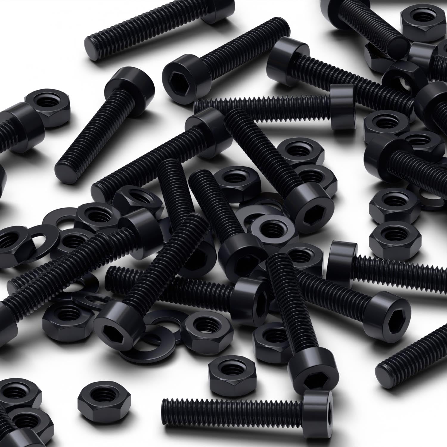 50 x Black Nylon Socket Head, Plastic Machine Screws, M3 x 20mm, Plastic Bolts, Nuts & Washers, (3/32 x 25/32 in)