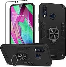 Samsung Galaxy A40 Case with Tempered Glass, Military Grade Shockproof Protective Case Cover with Metal Ring Stand, Compatible Car Holder, Black