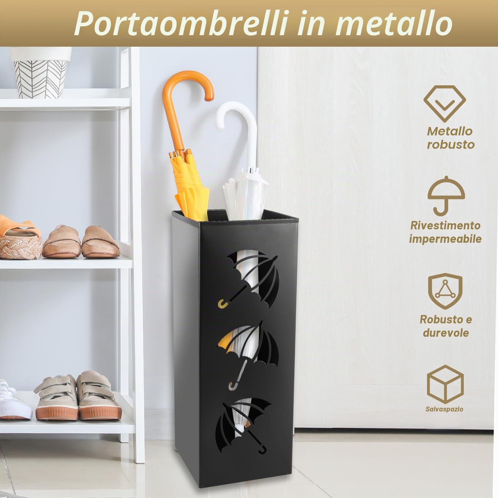 Portaombrelli Design Moderno Portaombrelli in Metallo Impermeabile e Antiruggine Porta Ombrelli per Esterno/Interno Design per Casa Ufficio Corridoio Ingresso 42x16x16 cm(Nero)