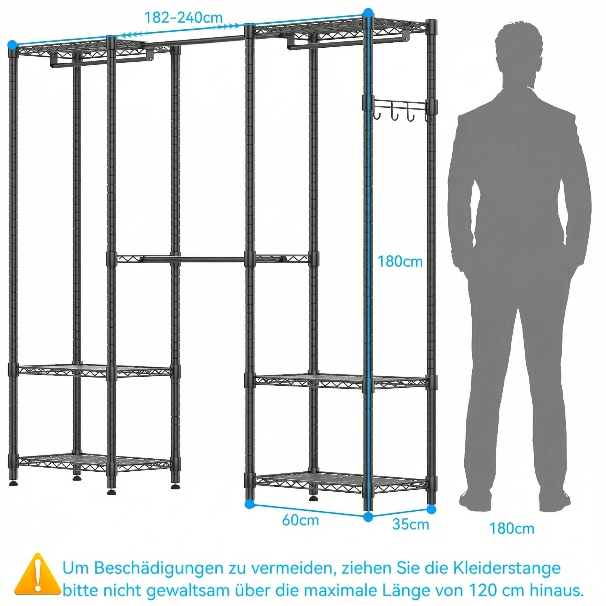 Himimi Teleskopstange Kleiderständer mit 4 Kleiderstangen und 6 Höhenverstellbaren Regalen 1 Haken Teleskop Regalsystem B (182-240) x H180 cm Anpassbar an Unterschiedlichste Räumlichkeiten Schwarz