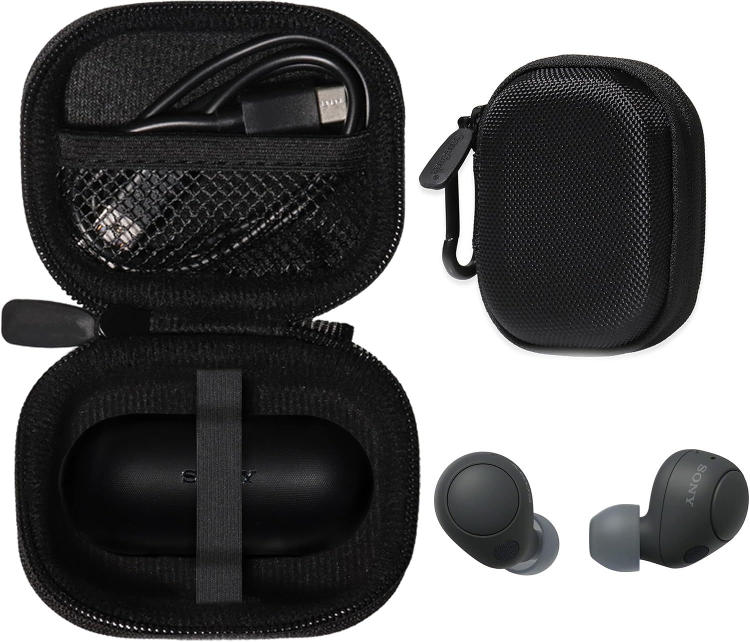 CaseSack Case for Sony WF-C700N Truly Wireless Noise Canceling in-Ear Bluetooth Earbud Headphones, Travel organizing case for Both chager case and Charge Cord (Black)
