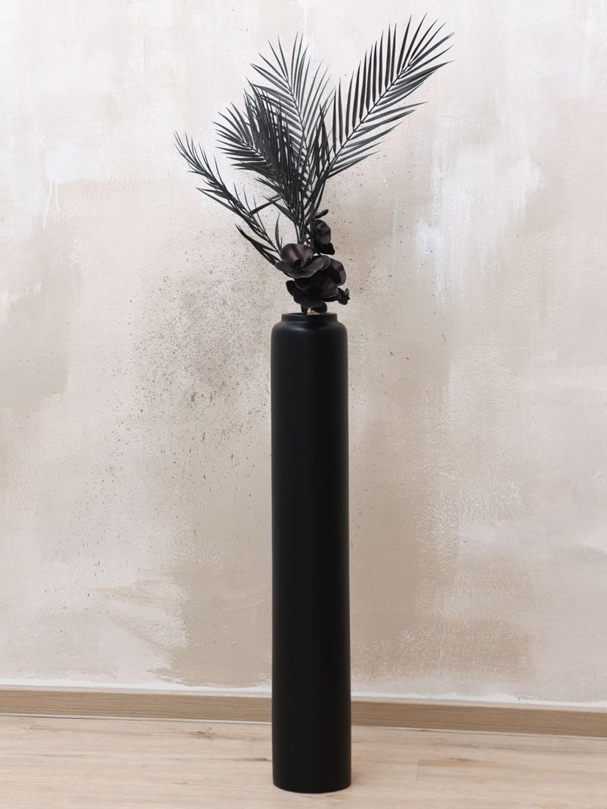 VIVANNO Bodenvase Fiberglas Schwarz Matt DIRETO 80 - Große Standvase 80 cm