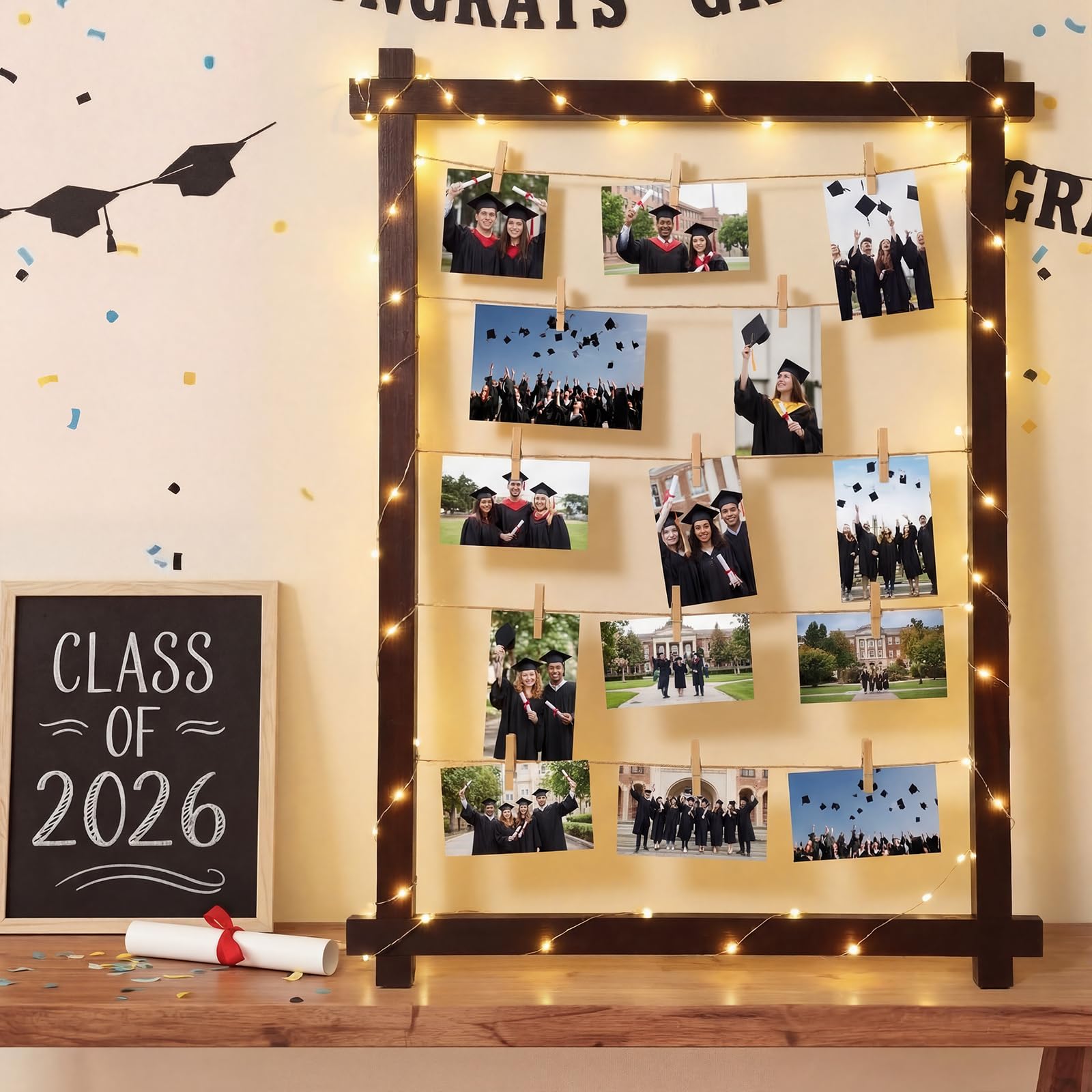 Cinnvoice Foto-Anzeigetafel mit Lichtern, 78,9 x 58,9 cm, freistehende Foto-Anzeigetafel mit Clips, 2026 Grad Tafelaufsatz, Dekoration für Abschlussfeier, Party, hängende Postkarten, Grußkarte