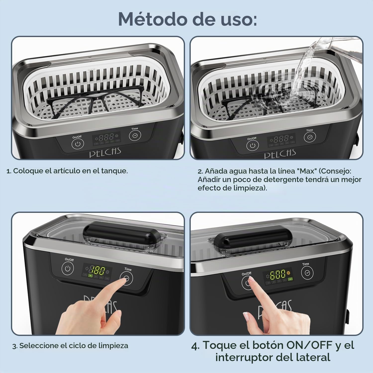 PELCAS Limpiador Ultrasonidos con Transductores Duales Limpiador Ultrasónico 800ML 42KHz con Pantalla Táctil y 5 Configuraciones de Tiempo para Anteojos, Relojes, Joyas, Dentaduras Postizas (Negro)