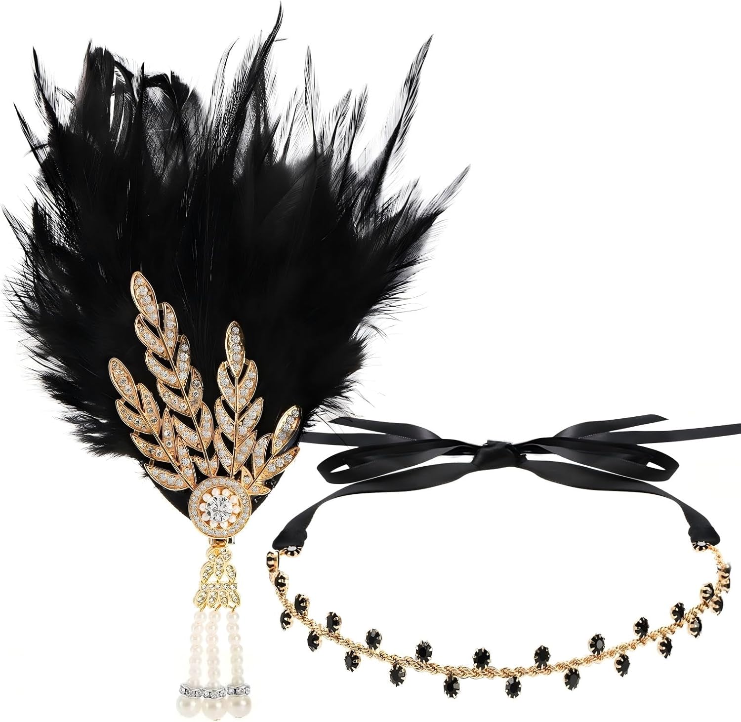 5 Pack 1920s Vintage Flapper Accessories Set, 20s Party Costume Headband for Women, Feather Flapper Headpiece, Pearl Necklace and Earrings, Gloves, Faux Holder - Image 2