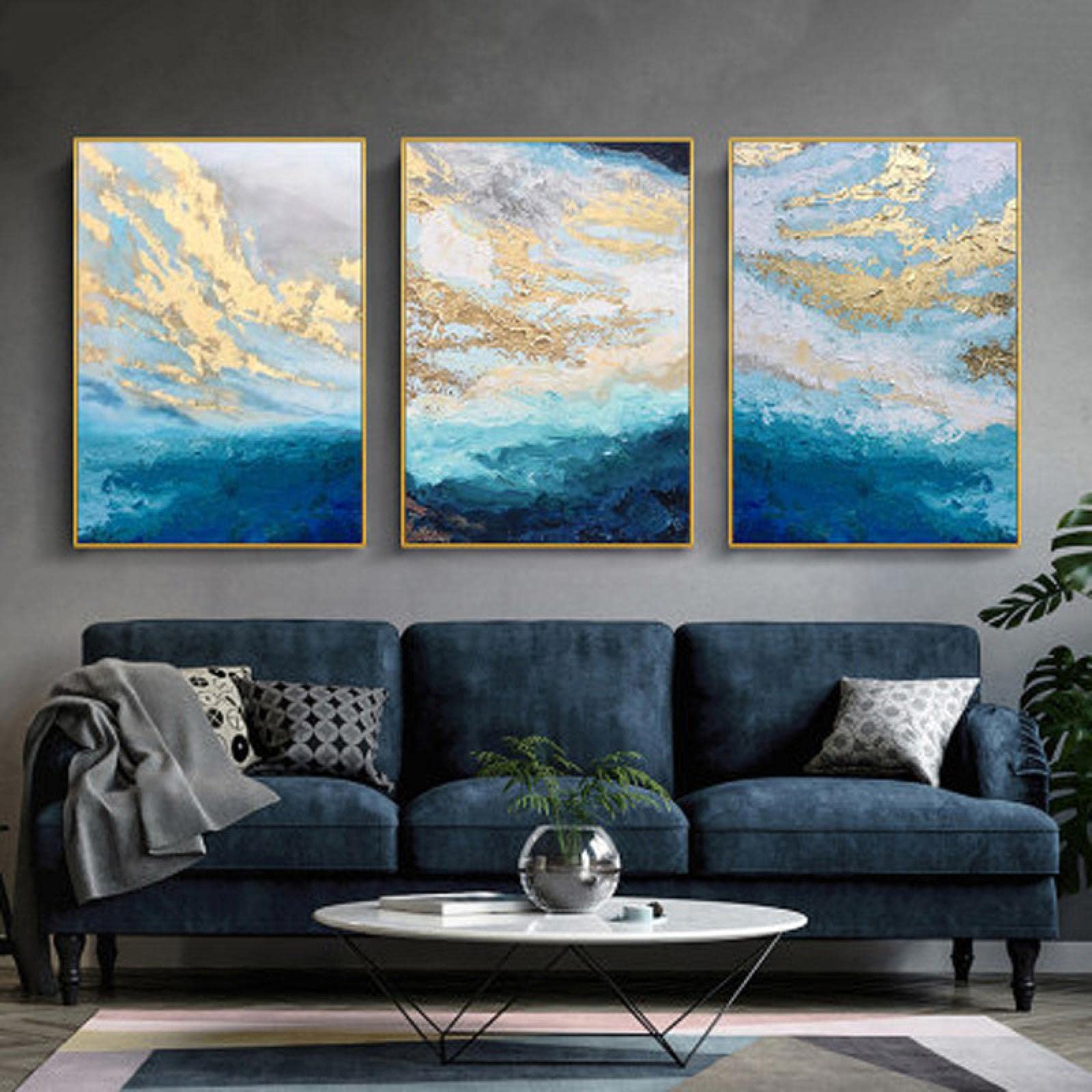 Póster de lienzo abstracto moderno imágenes de olas de mármol azul - carteles de pintura de arte de pared impresiones imágenes de pared decoración de sala de estar 50x70cmx3 con marco