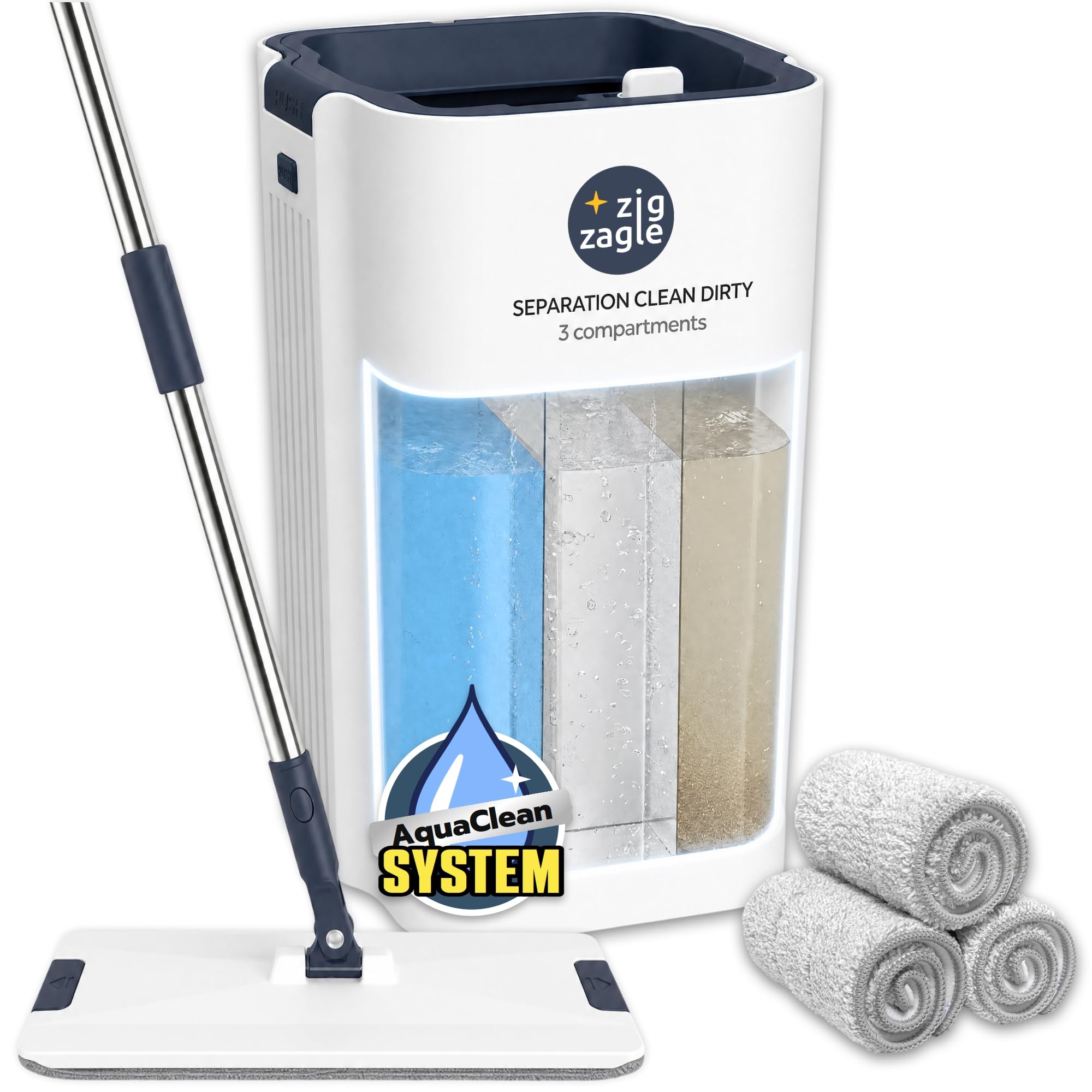 Set di mocio piatto e secchio, lavapavimenti Pure Water System, Separazione Acqua Sporca e Pulita: Ultra Igienico Pulizia Facile, Mocio Piatto Microfibra, Autopulente, Secchio Strizzatore