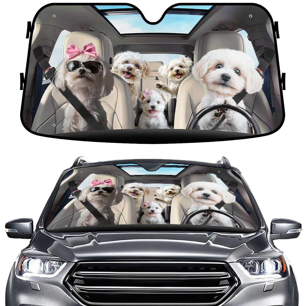 GENANY Cute Maltese Dog Family Funny Windshield Sun Shade for Car SUV Truck (55x30 Inches), Sun Shade Windshield, Shades for Front Windows, Protector