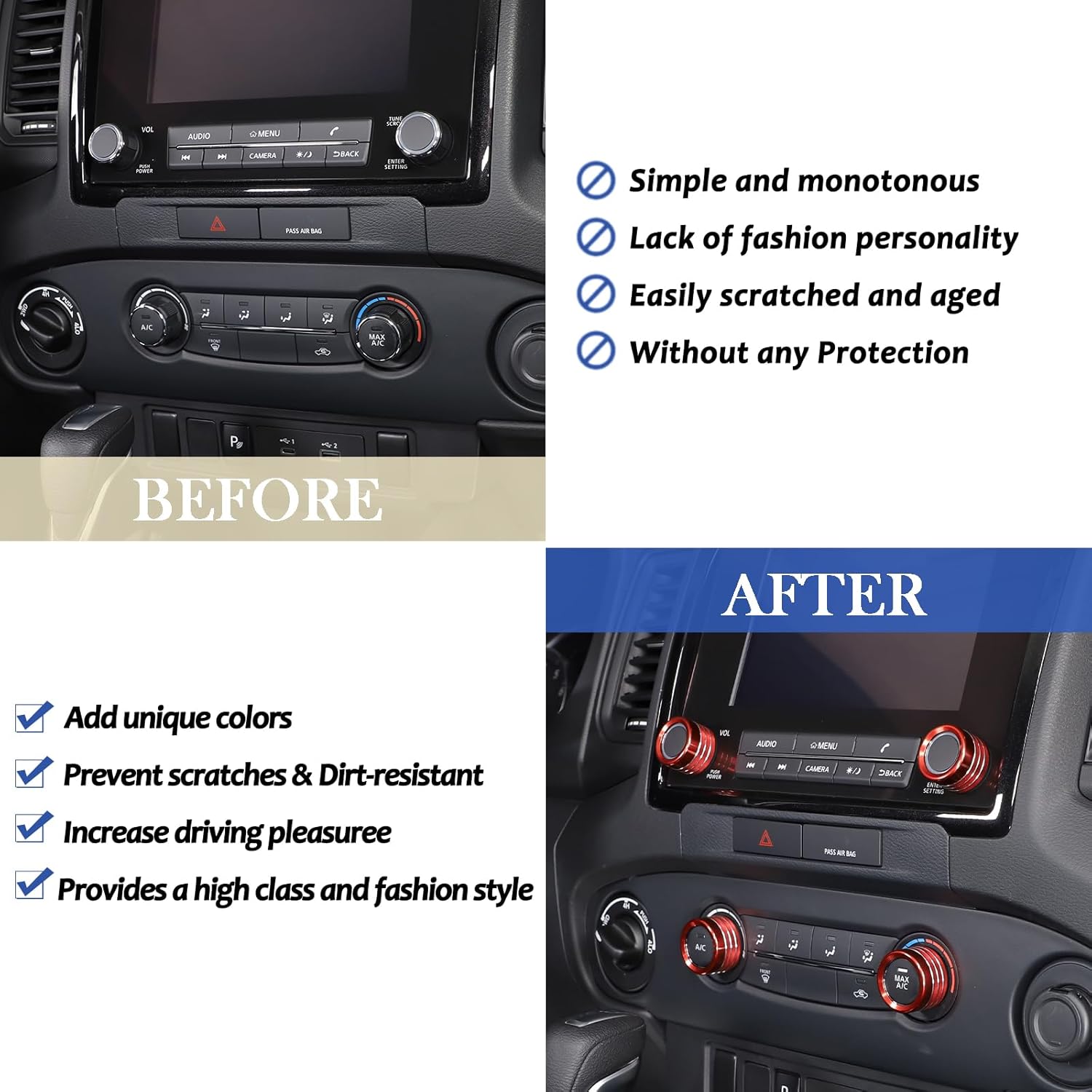 Center Console Air Conditioner Volume Knob Cover Compatible with Nissan Frontier 2022-2024, Car A/C Radio Switch Button Trim Ring Interior Accessories (Red)