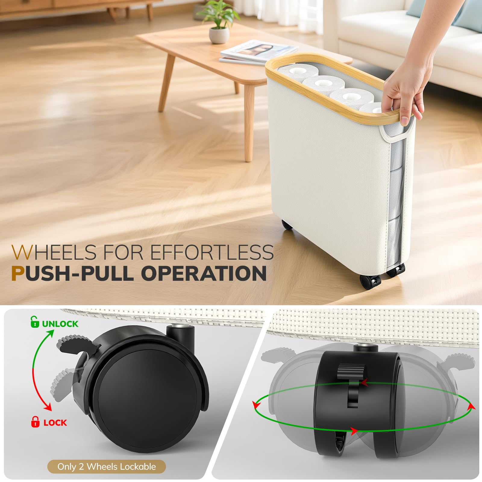 Toilet Paper Storage with Wheel Bamboo Toilet Paper Holder with Lid and Handle Toilet Papers Organizer for Bathroom Free Standing 30L Papers Basket for 9-12 Rolls Bathroom Accessories, Beige