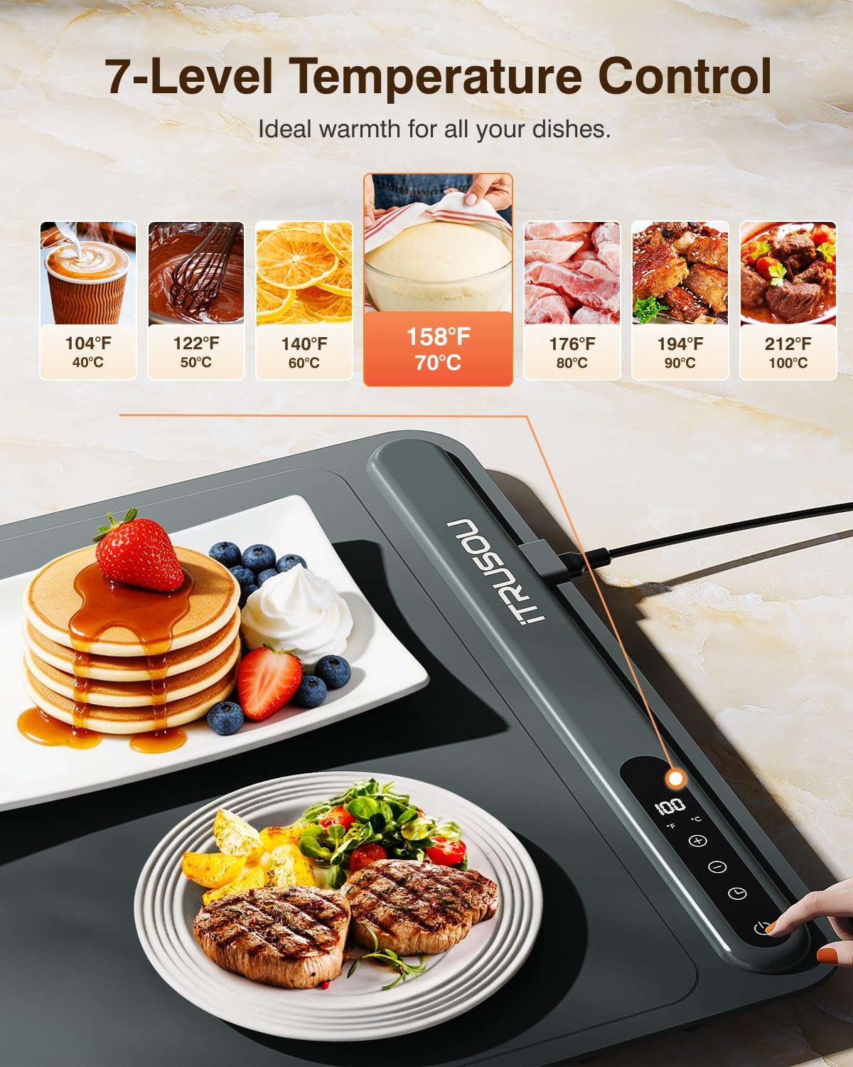 Warming Mat for Food (24"x16") - iTRUSOU 7-Level Electric Warming Tray with 400W High-Power, Timer 0–99H & Built-In Strap - Rollable Large Food Warming Mat for Parties & Buffet Dark Gray Large