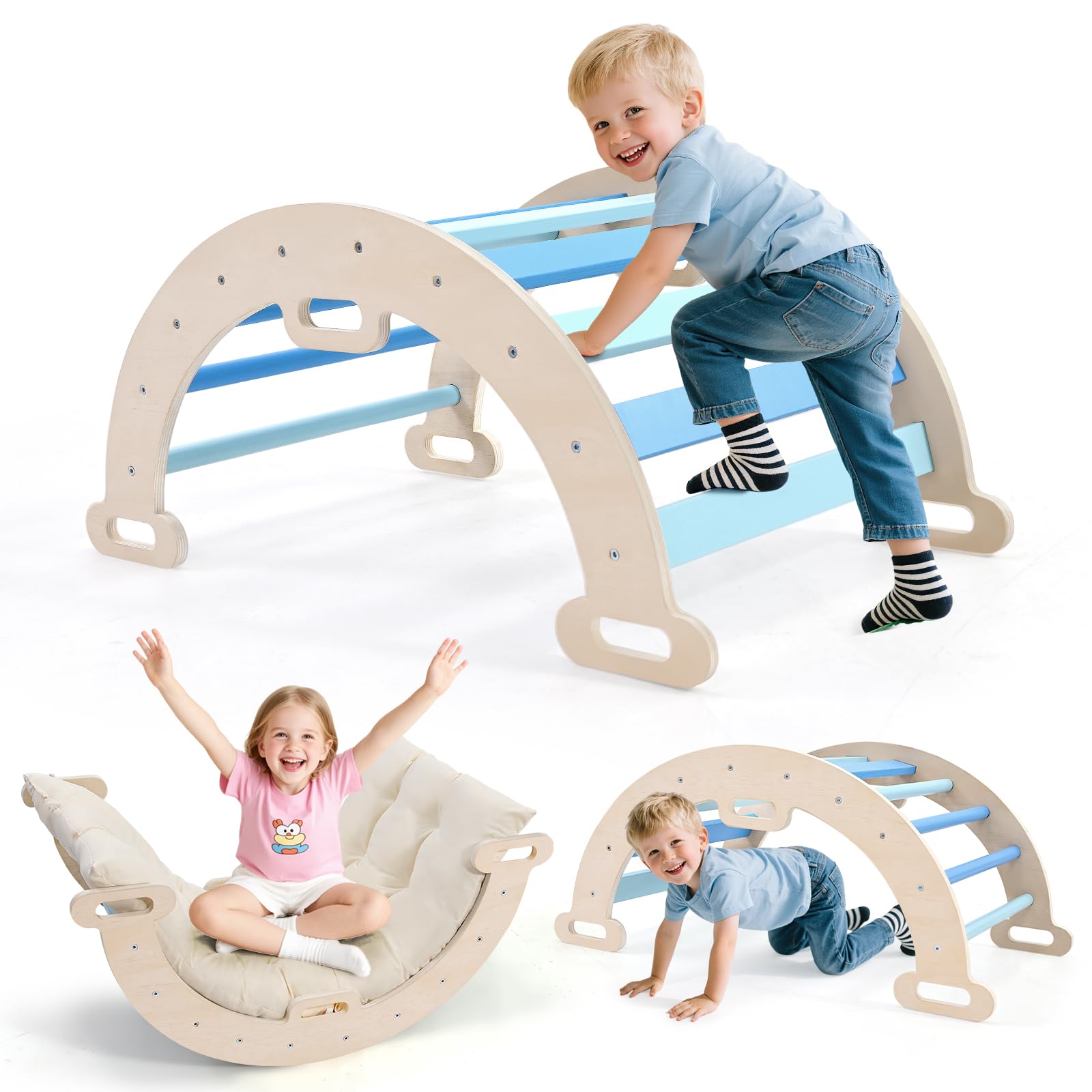 nmoiww Struttura da Arrampicata per Bambini 3 in 1, Scala da Arrampicata in Legno per Bambini con Cuscino Accogliente, Palestra da Gioco Montessori per Interni (Blu-2 in 1)