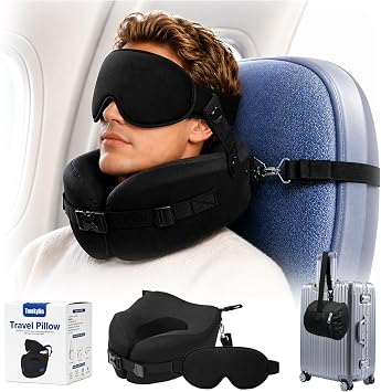 Travel Neck Pillows for Airplanes with Seat Mount Strap Eye Mask