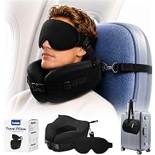 Travel Neck Pillows for Airplanes with Seat Mount Strap Eye Mask | 360 Ergonomic Neck Pillows, Removable Washable Cover, for Plane Car Office Travel, Lightweight Portable Sleep Accessory