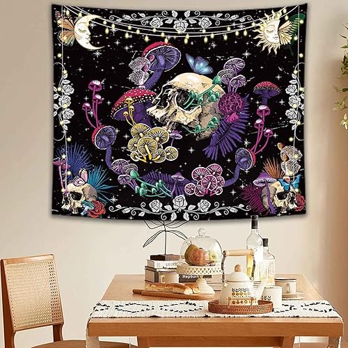 Miniatura 4 de MEHOFOND Tapiz de calavera, tapiz de hongos de calavera hippie, tapiz de esqueleto de hongos trippy, plantas de luna y estrellas, tapiz de mariposa