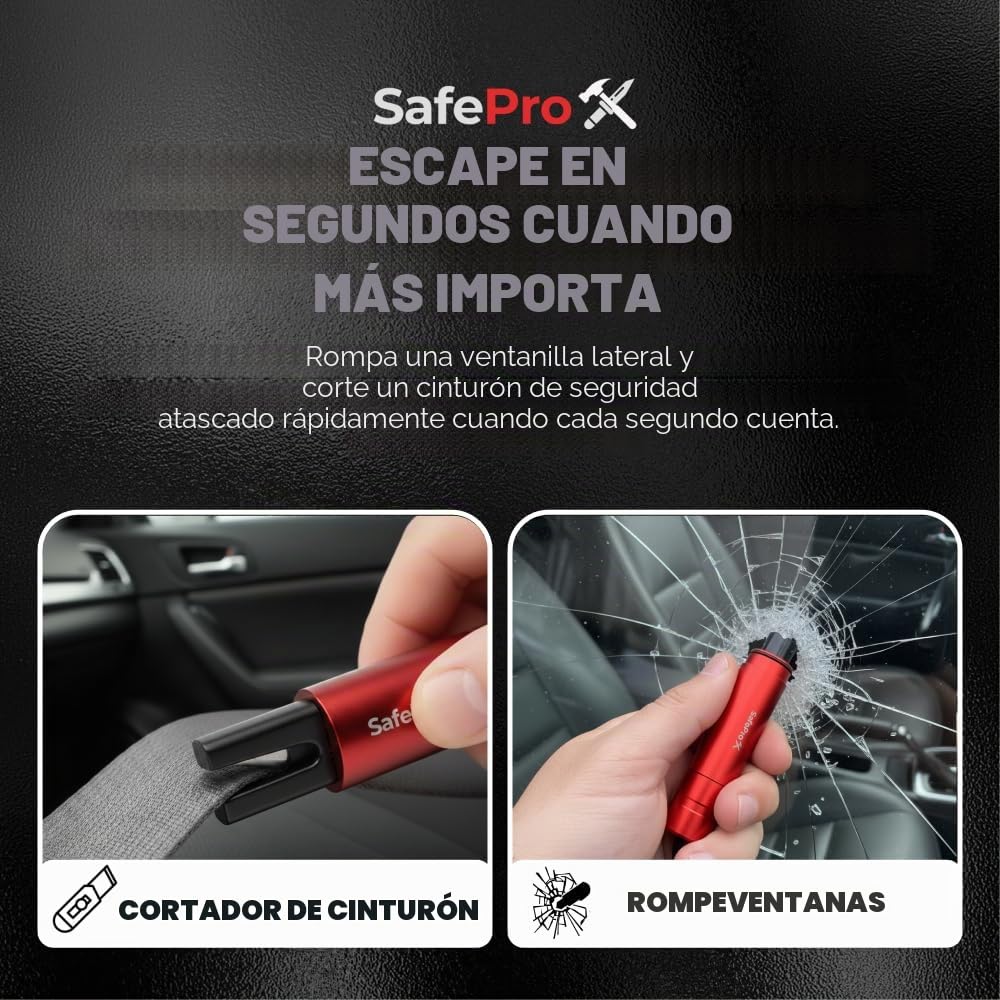 Herramienta de Escape de Emergencia SafePro X, Rompevidrios y Cortador de Cinturón de Seguridad, Herramienta Esencial de Seguridad Automotriz y Rescate de Emergencia. (Paquete de 2) (Paquete de 2)