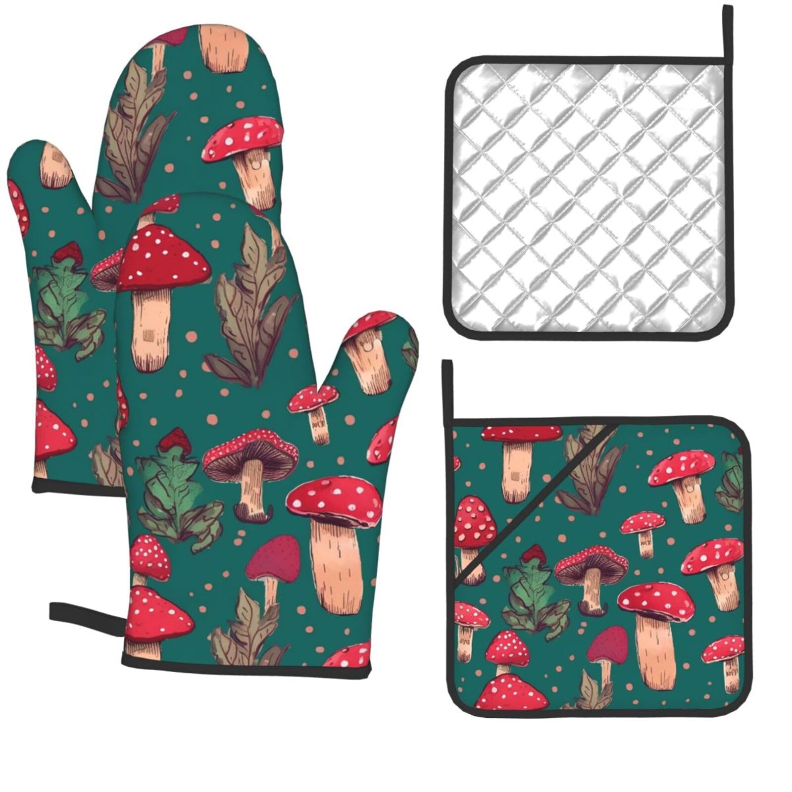 4 Pcs Oven Mitts and Pot Holders Set Kitchen Oven Gloves Heat Resistant Potholders Non-Slip Hot Pads Red Mushrooms Oven Mits for Cooking Baking Grilling