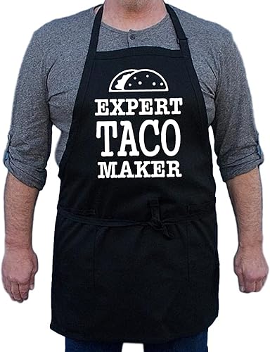 Miniatura 1 de Expert Taco Maker - Delantal de chef, color negro, para mujeres y hombres, totalmente ajustable, dos bolsillos, lazos extralargos, Negro -
