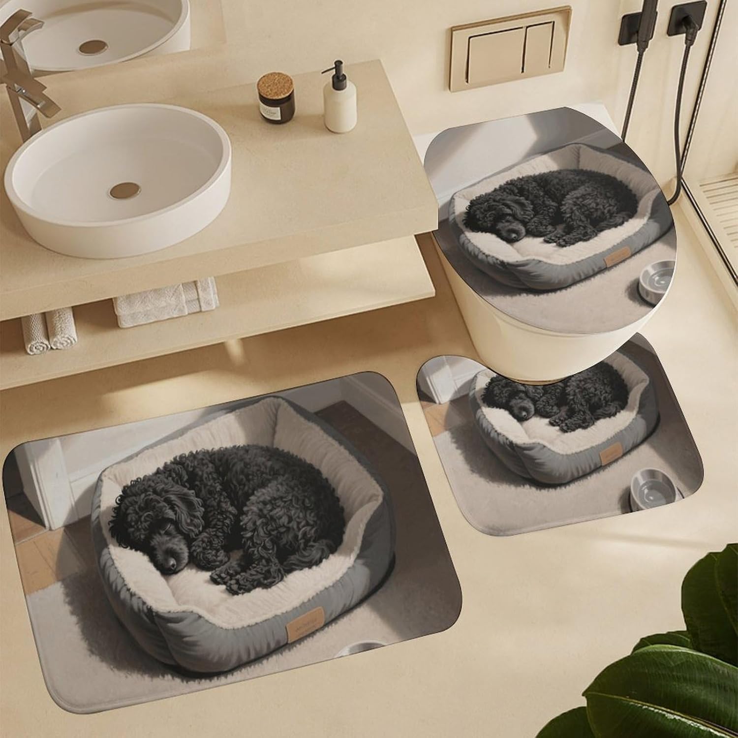 Poodle Shower Curtain Set 4 Piece, Non-Slip Bath Mat with Toilet Lid Cover and Waterproof Shower Curtain with 12 Hooks, Complete Bathroom Set for Home Decor