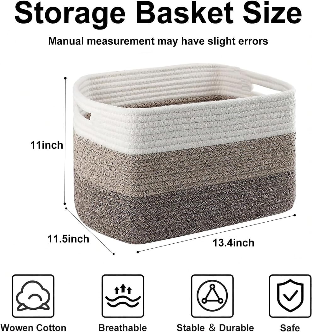 3 Pack Woven Storage Baskets, Decorative Storage Bins for Organizing, 13.4" x 11" x 9.5", Cotton Rope Baskets for Closet Shelves Bathroom Nursery, White & Brown (White Khaki)