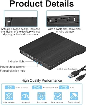 External DVD/CD Reader – Ultra Slim Reader and Writer with USB 3.0 + Type-C, Total Support for Formats, Plug-and-Play, Universal Compatibility for PC/Laptops