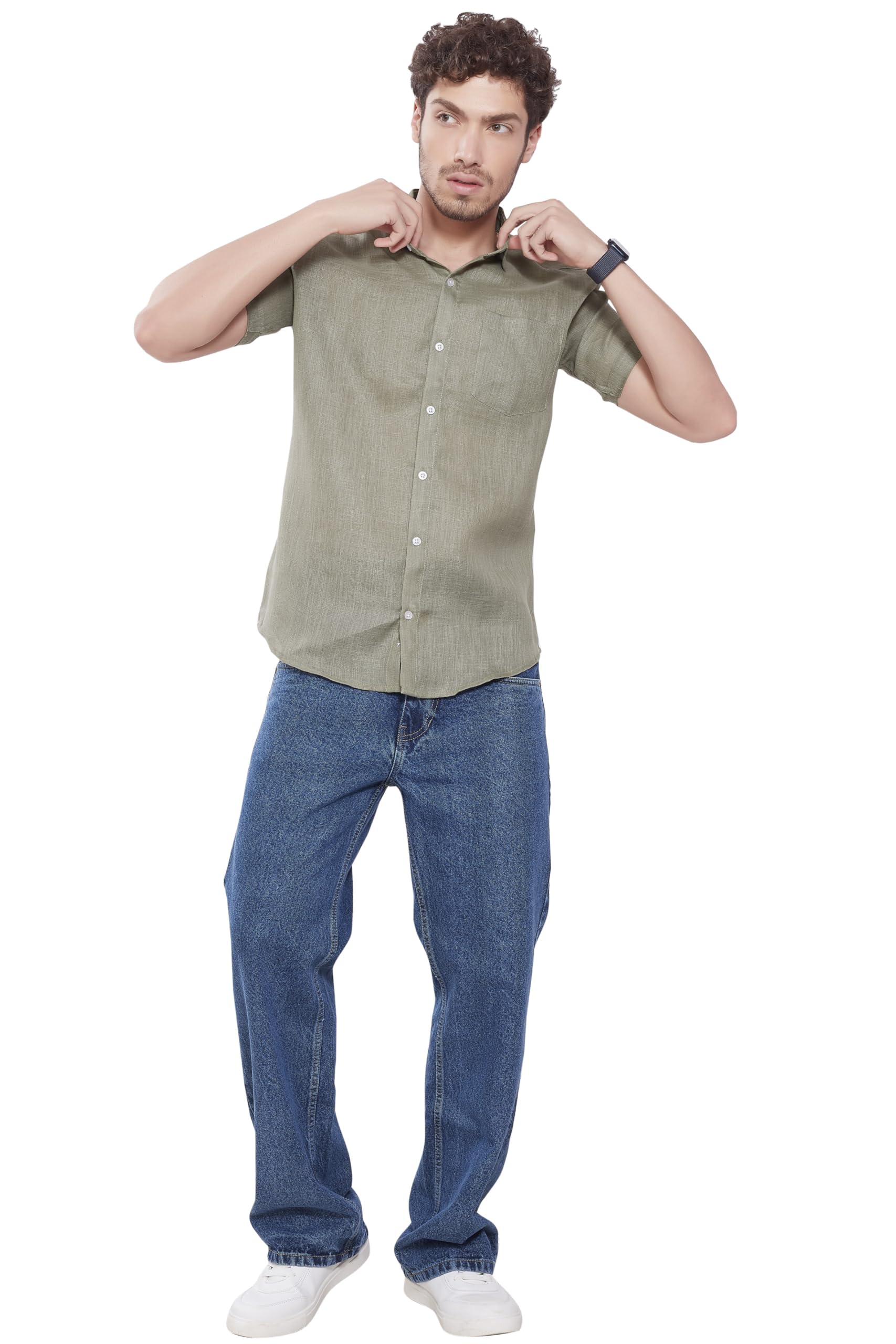 DIVISIVE - Camisa de mezcla de polilino para hombre, talla ajustada, media manga