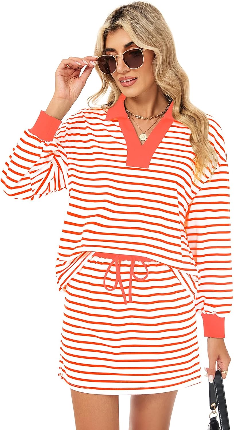 Womens Striped 2 Piece Outfits Long Sleeve Sweatshirt Skirt Sets V Neck Lounge Sets - Image 6