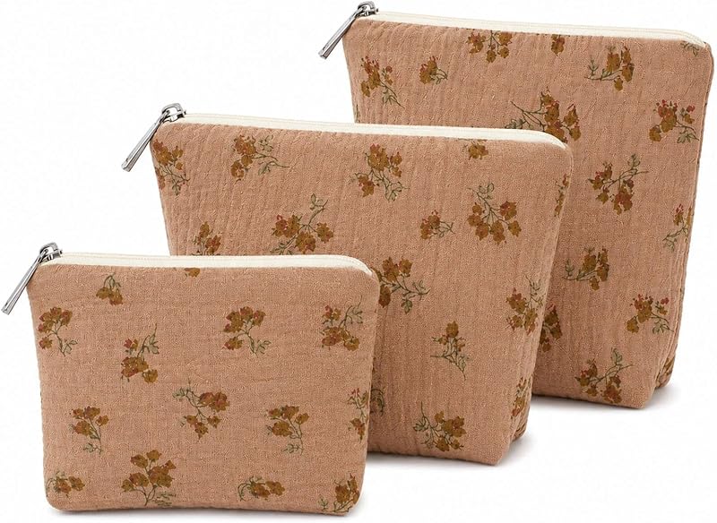 Necessaires BBORGDC de Algodão com Estampa Floral e Bolso Interno, Pacote com 3