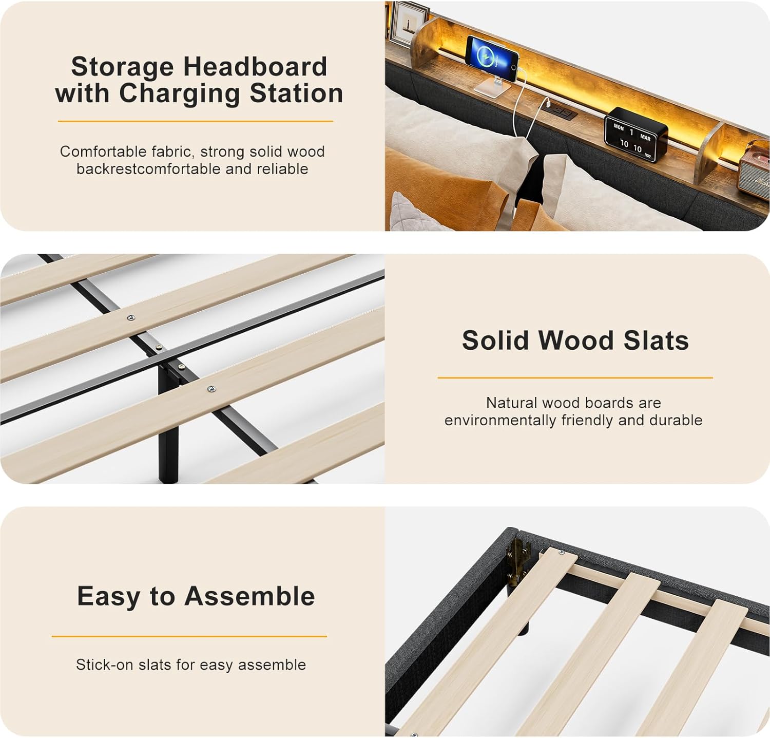 King Size Bed Frame with Storage Headboard, Upholstered King Platform Bed with Charging Station & LED Lights, Solid Wood Slats, Noise Free, No Box Spring Needed, Easy Assembly, Black