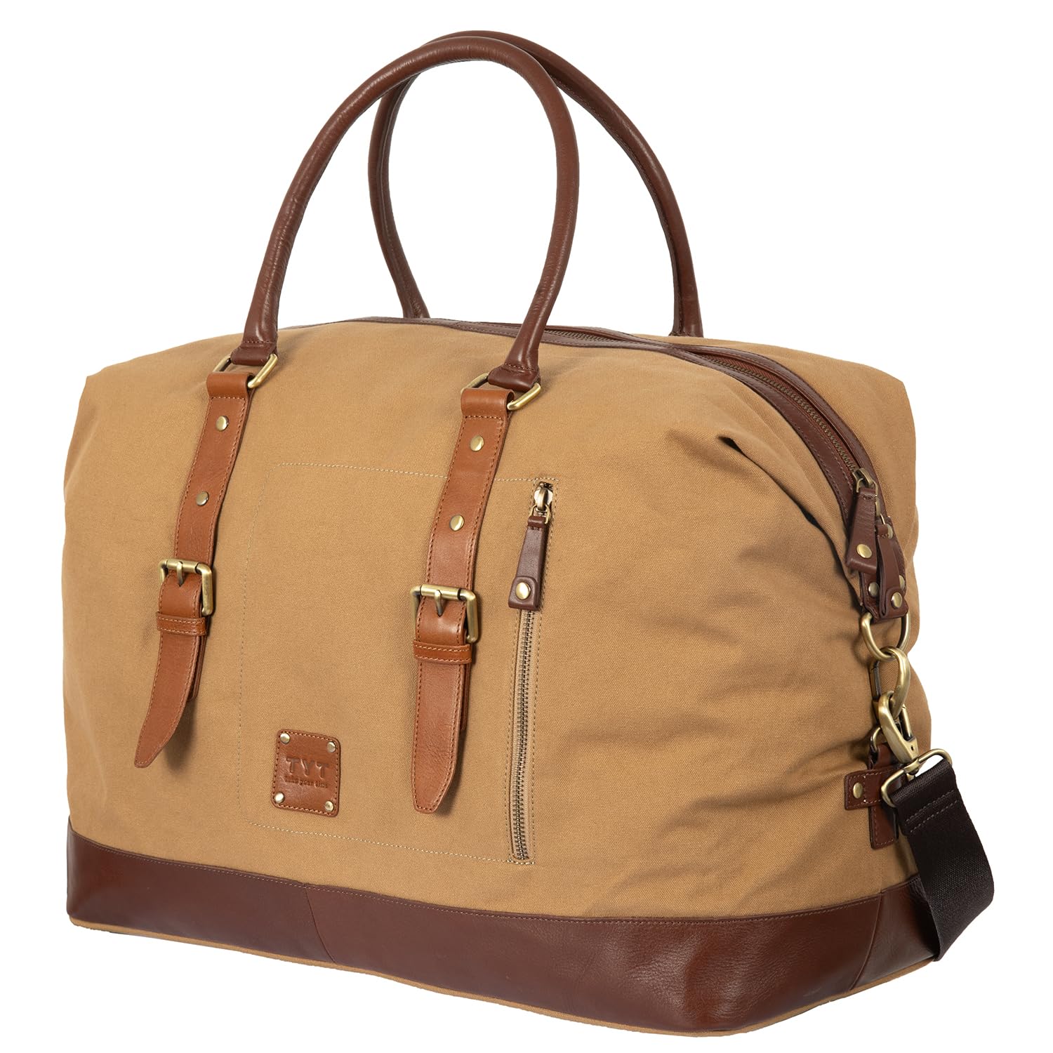TYT Zefiro, Borsa da Viaggio Uomo in Canvas e Pelle Bovina, Borsone Weekender con Tracolla Regolabile, Base Rinforzata, 52x24x35 cm (Desert)