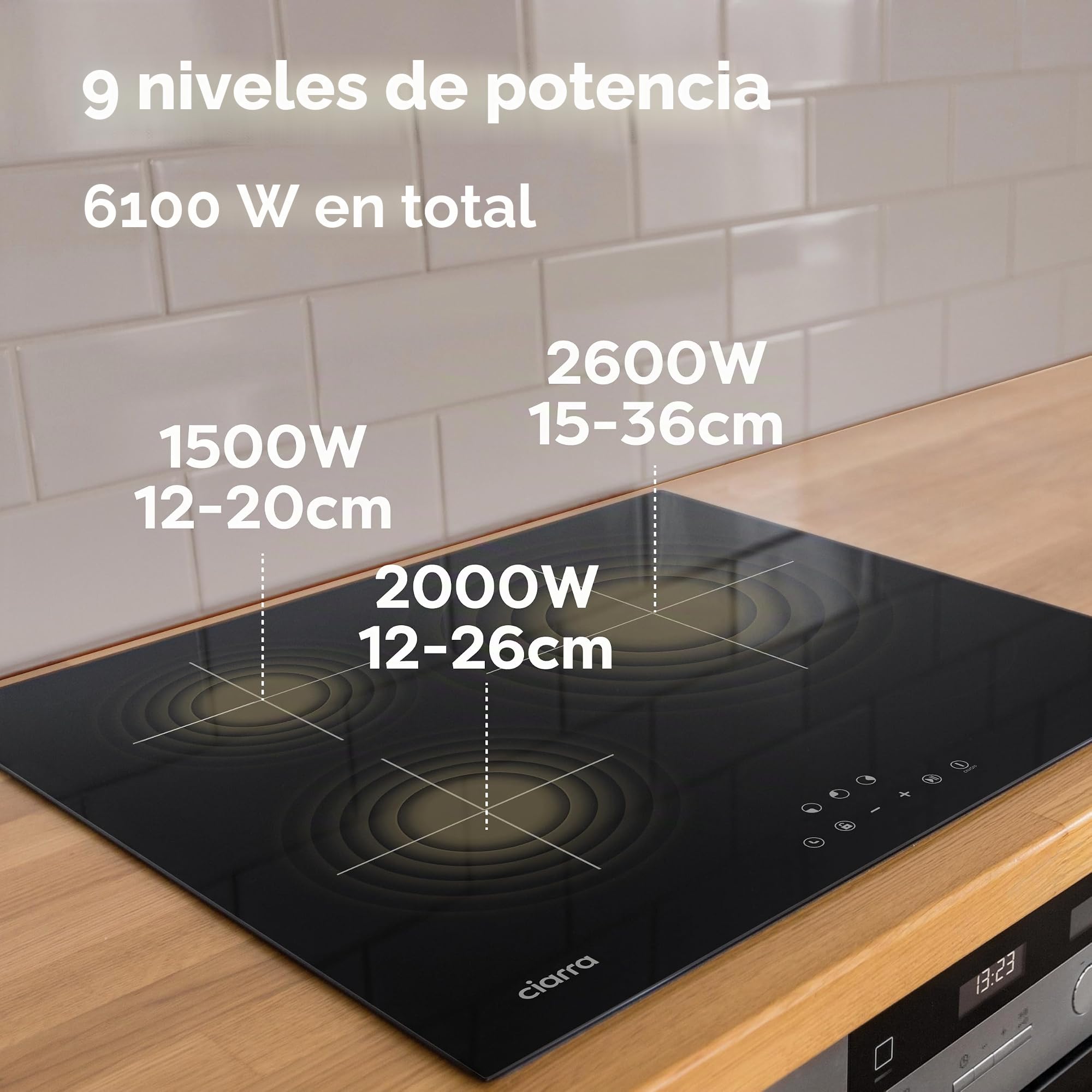 CIARRA Placa de Inducción 3 Fuegos 6000W Placa Induccion con Bloqueo de Seguridad Temporizador Indicador de Luz, ASBIH3 | Boost, Función Pausa, Bloqueo de Seguridad, Temporizador, Indicador de Luz