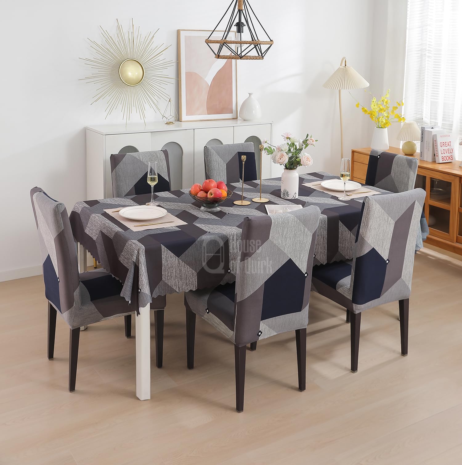 House of Quirk Polyvinyl Chloride (Pvc) Rectangular Dining Chair Cover With Table Covers For Kitchen Waterproof Dining Table Cloth (Grey Dark Grey Prism, 1 Table Cover + 6 Chair Cover)