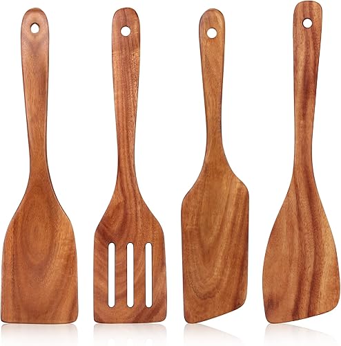 La mejor espátula de madera para cocinar, utensilios de cocina antiadherentes, juego de 4 espátulas de madera de teca, espátula plana ranurada para