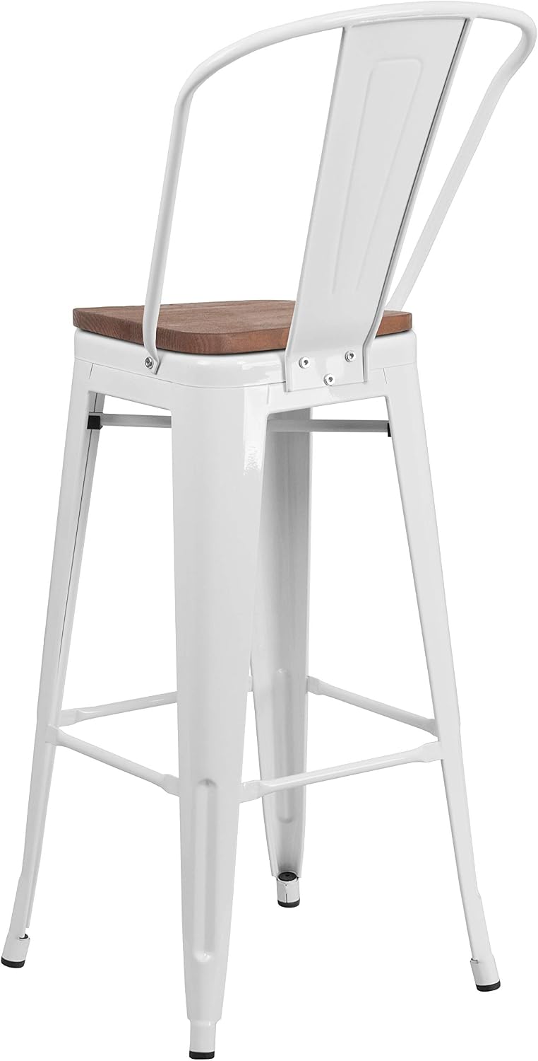 Taylor + Logan 30 Inch High Metal Barstool with Back and Wood Seat, Set of 4, White