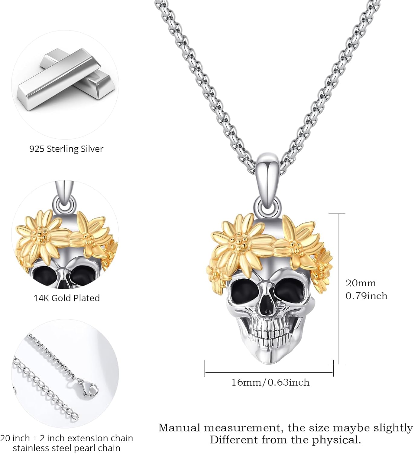 Skull Necklace 925 Sterling Silver Memento Mori Necklace Goth Skull Halloween Jewelry for Men Women - Image 4