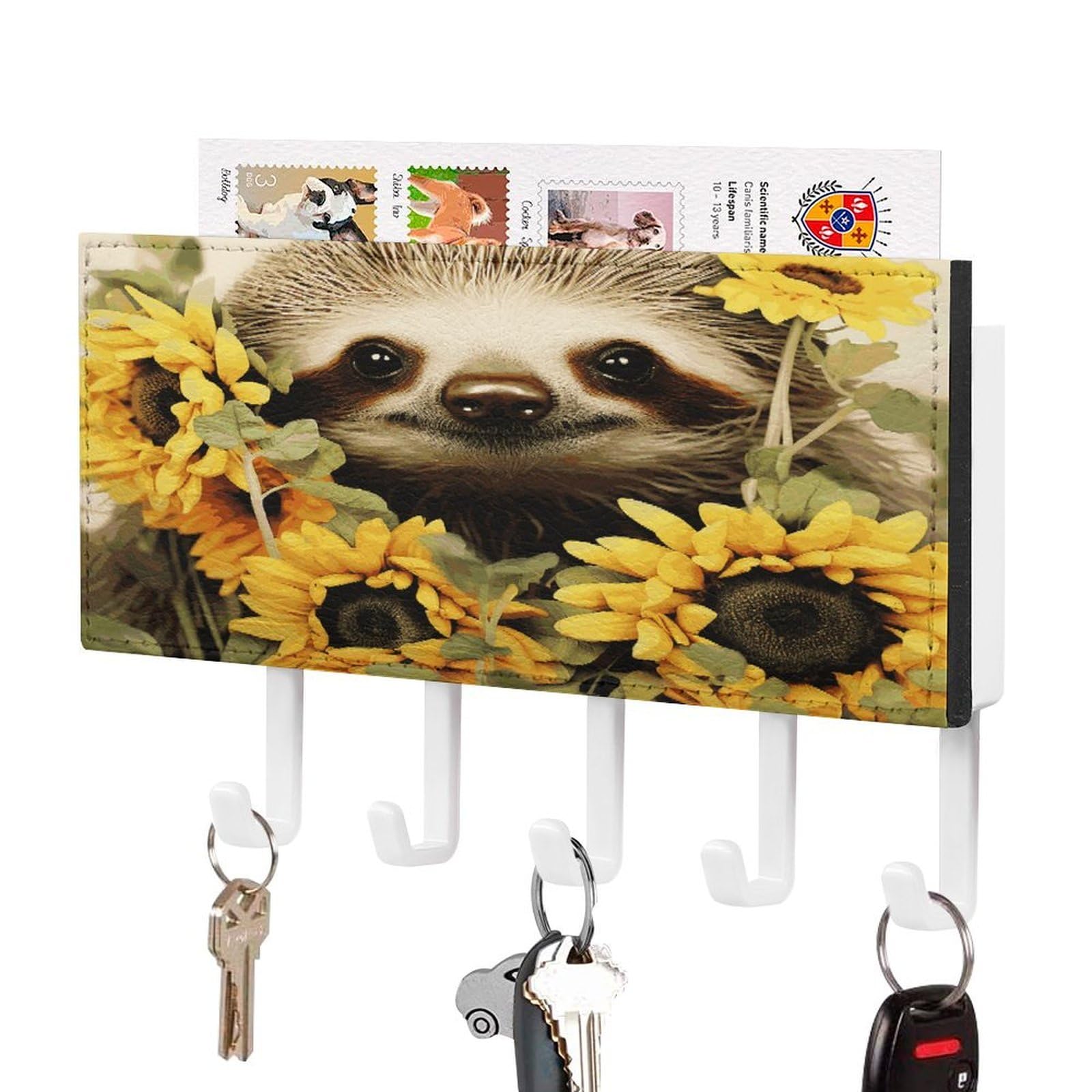 LDGSUPH Sloth Sunflower Key Holder Wall Mount Key Hanger with 5 Hooks Fashion Key Organizer Rack Hanging Key Hooks with Mail Organizer Key Rack for Home Entryway Hallway White-Style