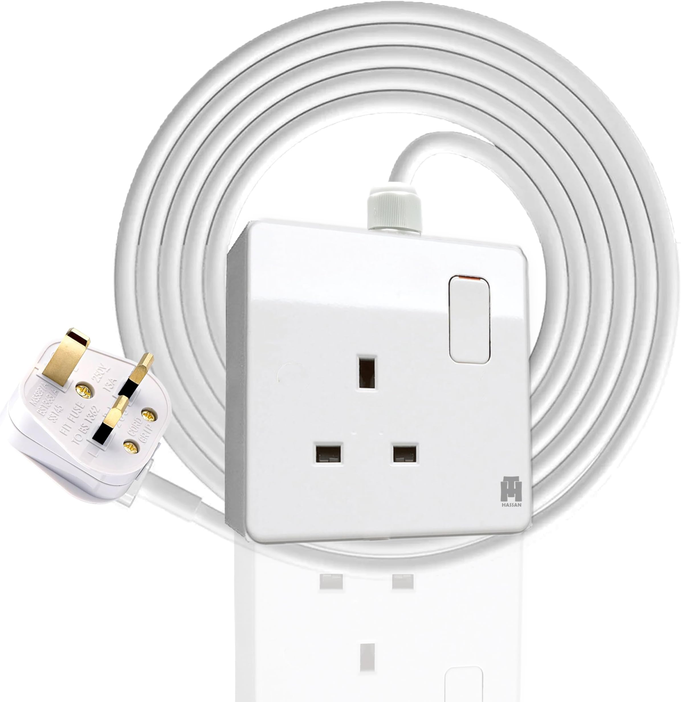 Single Socket Extension Cord 13A, Expandable 2500W Electric Cable with UK Plug – Durable Power Extension for Home, Office, Kitchen, and Electronics (15m (50ft))