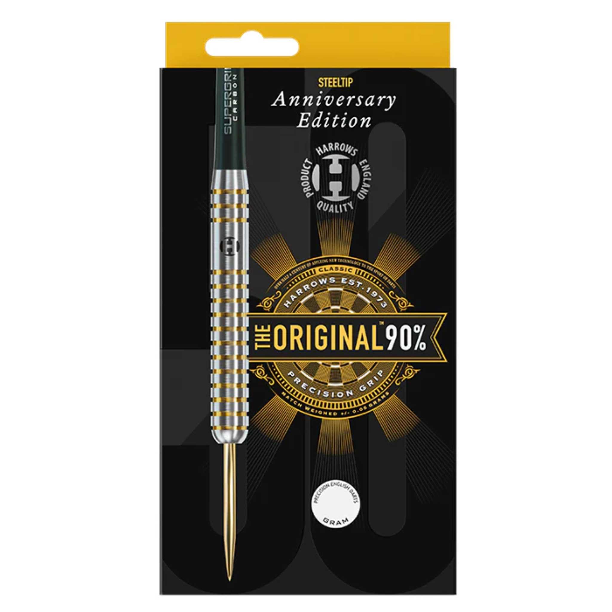 Harrows Set di Freccette Originali al 90% in tungsteno, Disponibile in 22 g, 24 g e 26 g, con fusti in Carbonio Midi Supergrip e Alette Anniversary da 100 Micron (24 g)