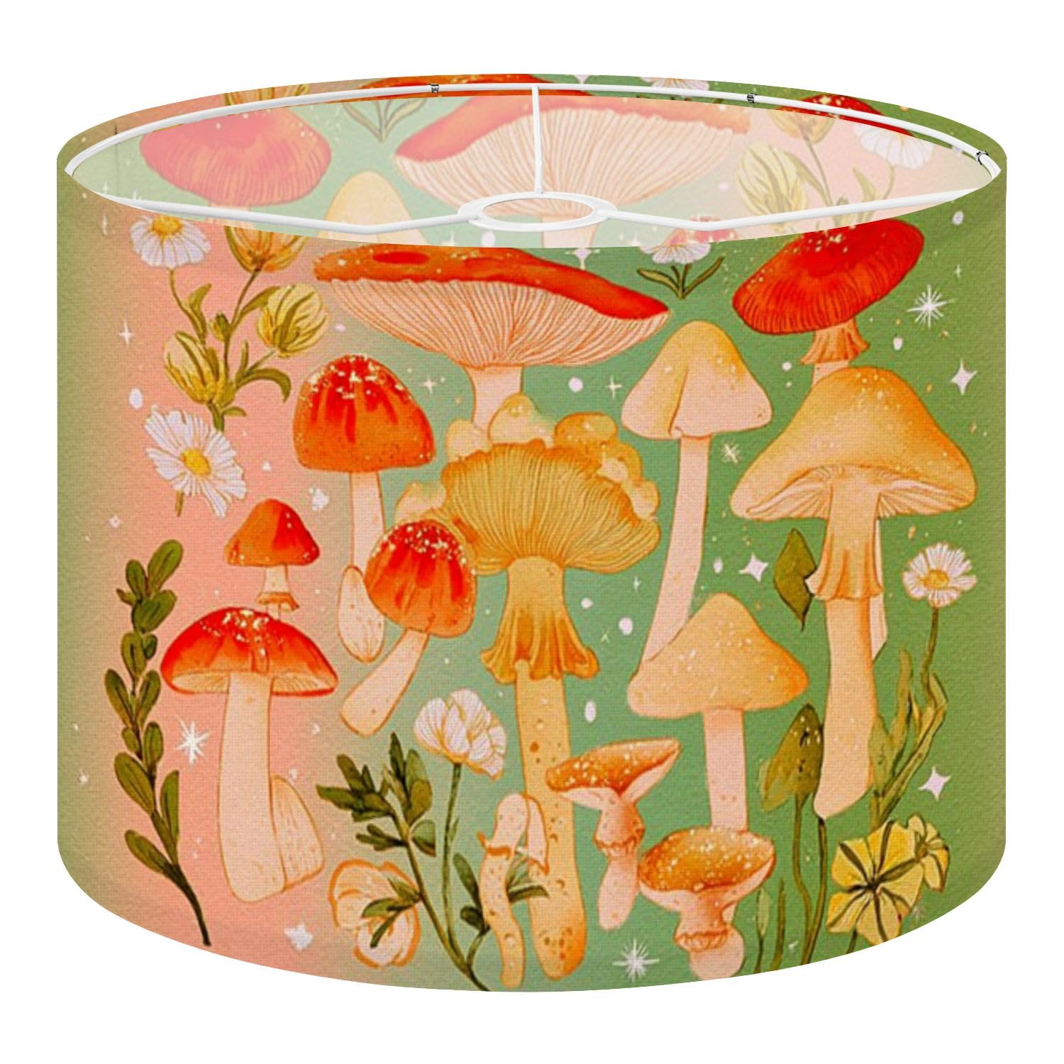 Fabric Drum Lamp Shade Whimsical Mushroom Garden Bright Orange Fungi Vintage Funky Medium Linen Decorative Lampshades 13inch Set of 1 for Table Lamps, Floor Lamps,Ceiling Lamp