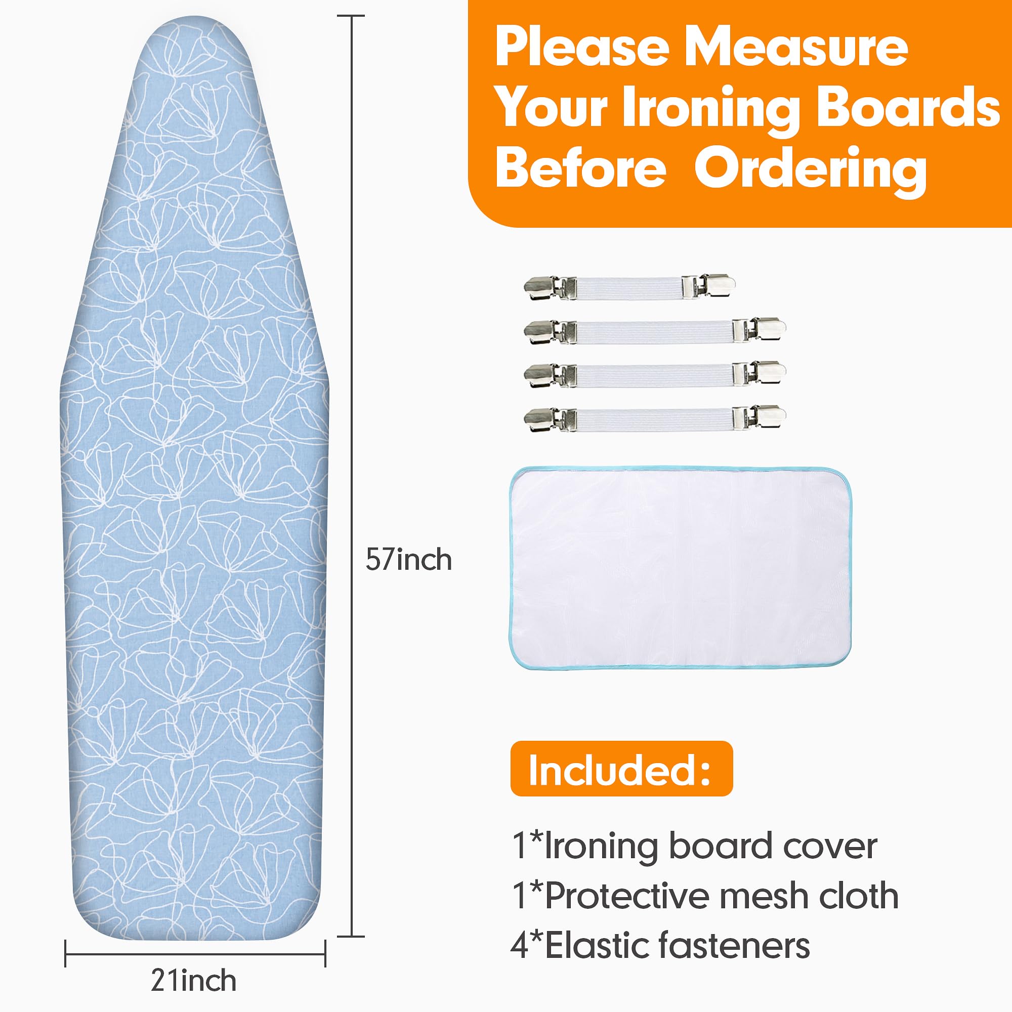 Dalykate Funda para tabla de planchar de 21 x 57 pulgadas con acolchado grueso resistente a quemaduras y manchas y borde elástico, 4 cierres y 1 paño protector de malla