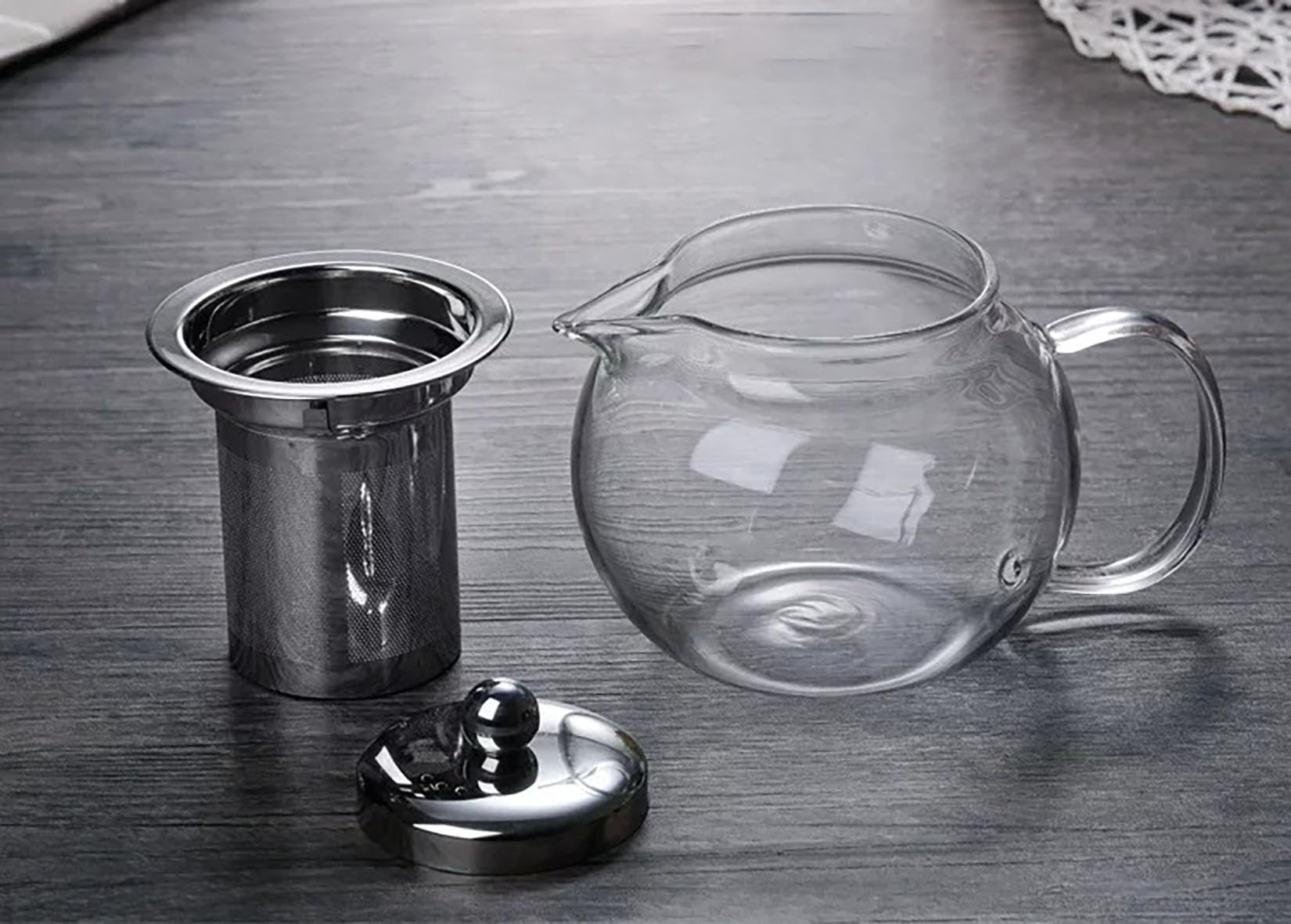 Tetera de vidrio con infusor de acero inoxidable, tetera de vidrio de borosilicato resistente al calor de 950 ml, boquilla dibujada a mano, forma redonda, porción individual