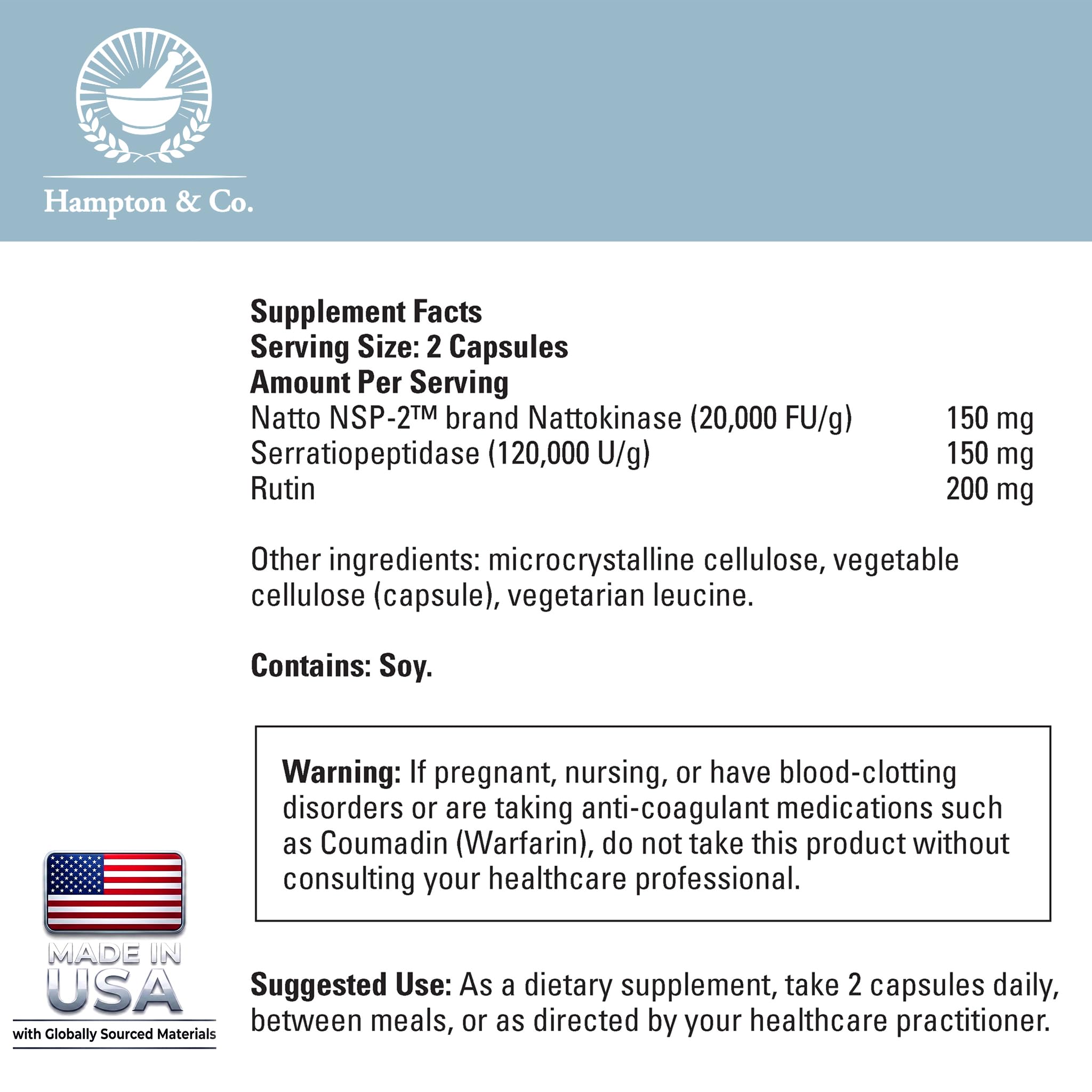 Hampton Distribution Nattokinase High-Potency Complex | Advanced Circulatory & Blood Flow Support | Formulated with Antioxidants for Heart Wellness | 60 Vegan Capsules, 150mg | Non-GMO & Gluten-Free — Amazon image 4