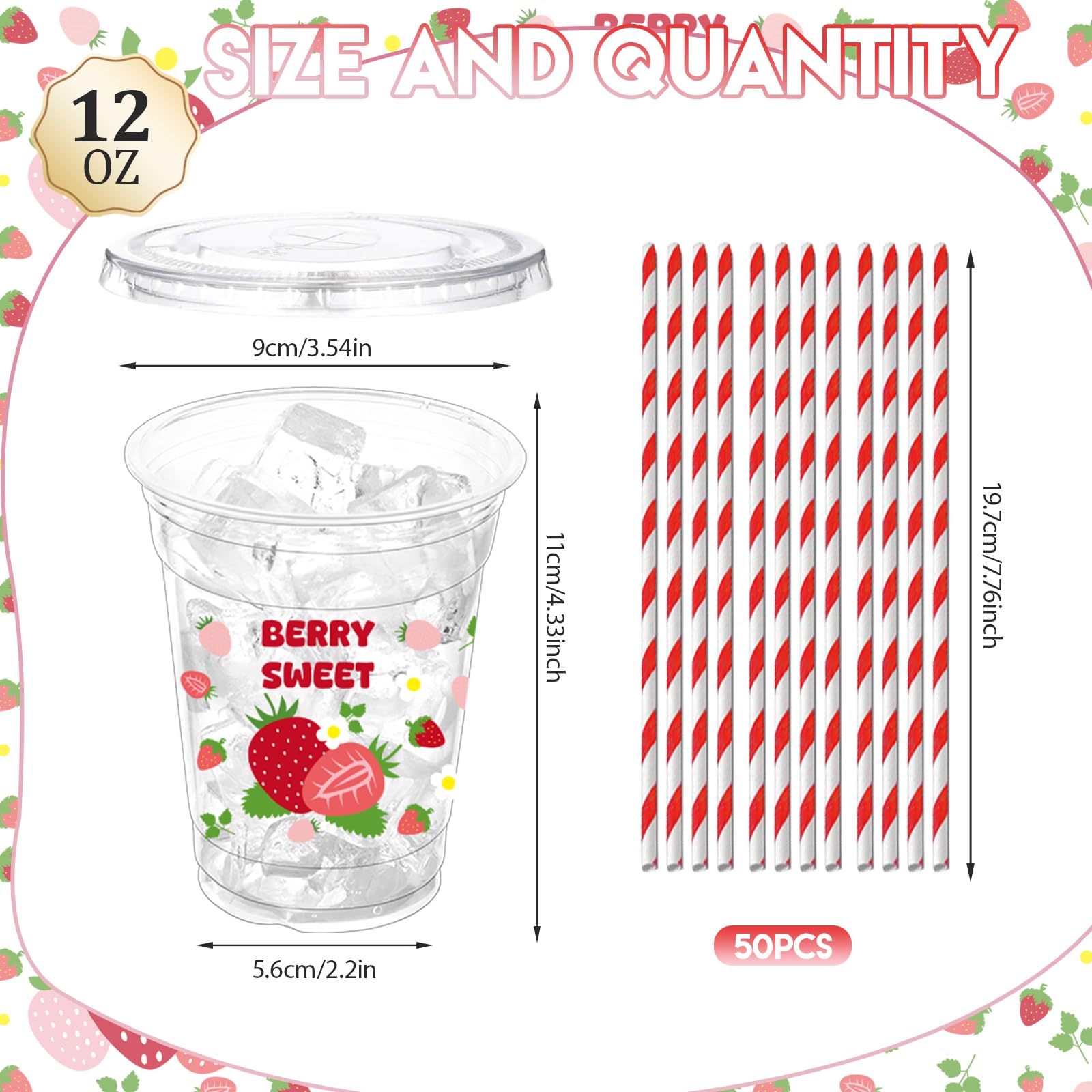 ZCPTZ 50 Pcs Strawberry Plastic Cups with Lids and Straws, 12 oz Strawberry Disposable Cups Pink Clear Strawberry Party Drinking Cups for Summer Spring Party Birthday Baby Shower Supplies