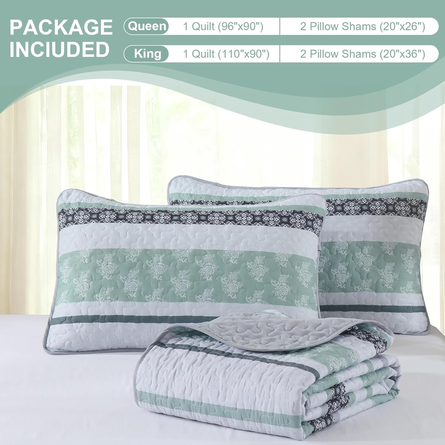 Luxudecor Quilts Queen Size Boho Sage Green Quilt Bedspreads Bedding Set, 3 Pieces Summer Queen Coverlet Sets with 2 Shams,Soft Lightweight Striped Patchwork Quilt for Bed 96"x90"